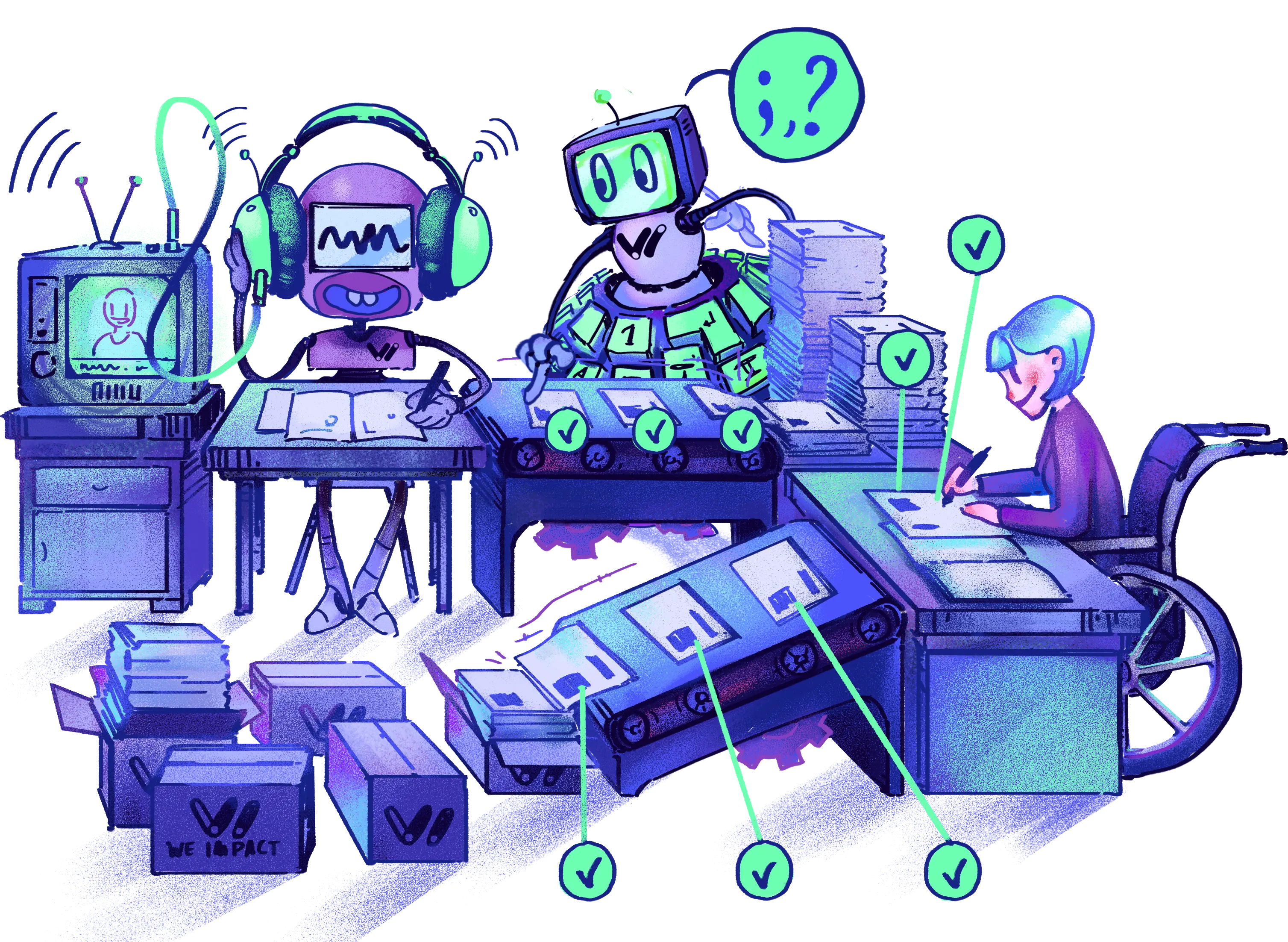 Proces tworzenia automatycznych transkrypcji i napisów. Siedzący robocik Voicy odsłuchuje nagranie i tworzy tekst, następnie tekst jest przekazywany do robocika Texti, która osadza interpunkcję. Finalne szlify wykonywane są przez korektora tekstu, którym jest człowiek.